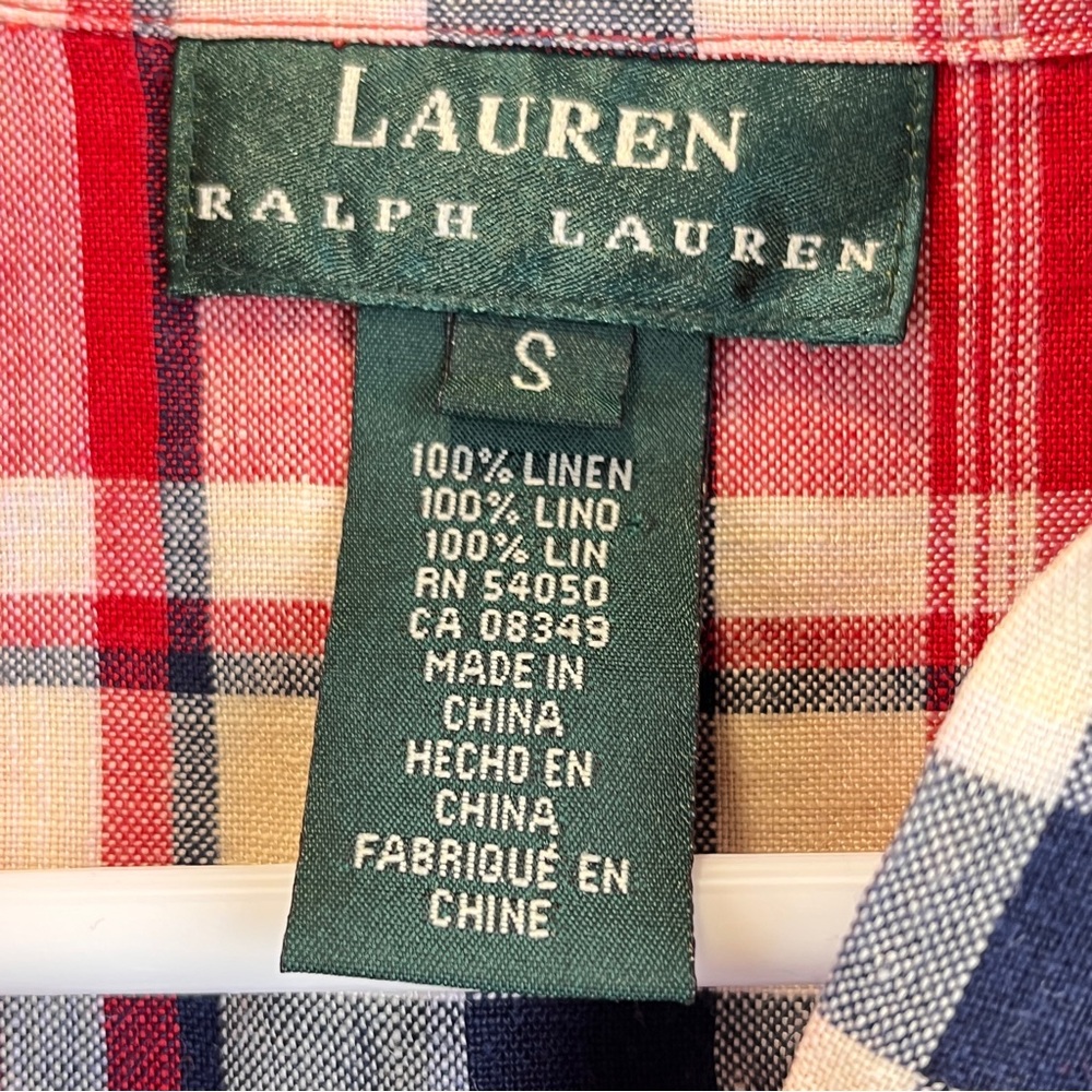 VTG Lauren Ralph Lauren 100% Linen Plaid Button Up Shirt Navy Red Off-White S/M - Picture 13 of 14